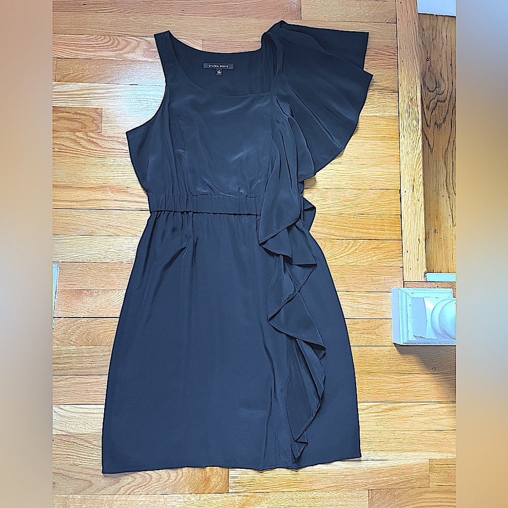 Cynthia Steffe Little Black Silk Dress | Asymmetrical Ruffle